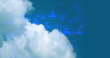 Dijital ai veri ağı çevrimiçi teknoloji sosyal ağ konsepti, çalışmayla sistem bağlantısı, nesnelerin interneti tarafından gökyüzü arkaplanı üzerindeki bulut depolama