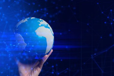 Dijital güvenlik için küresel dünyayı elinde tutan iş adamı sosyal ağ teknolojisi ai ticari ticaret, veri işleme çevrimiçi internet sistemi konsepti