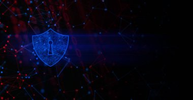 Güvenlik gizlilik simgesini ağ sosyal interneti ile kilitle, arkaplan 3D illüstrasyon oluşturma, hacker 'dan güvenli veri sunucusu, yapay zeka robot sistemi