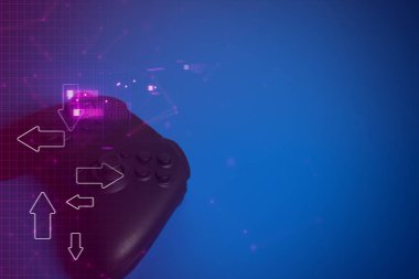 esport turnuva meydan okuma kavramı, cyberpuck tarzı ışık online ağ bağlantısı ile oyun oynamak için joystick denetleyici elektronik