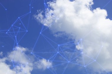 Dijital ai veri ağı çevrimiçi teknoloji sosyal ağ konsepti, çalışmayla sistem bağlantısı, nesnelerin interneti tarafından gökyüzü arkaplanı üzerindeki bulut depolama