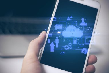ağ bağlantı kavramı, bulut depolama simgesi, sunucu AI sistemi online, dijital pazarlama, internet güvenlik cep telefonu ve bilgisayar laptop ile işadamı el pick