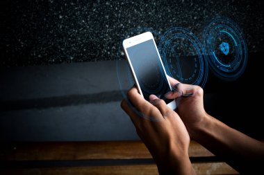 veri güvenliği güvenlik bulut depolama ai ile sosyal ağ internet dijital bağlanmak için ekran akıllı telefon cihazında işadamı el parmak dokunmatik