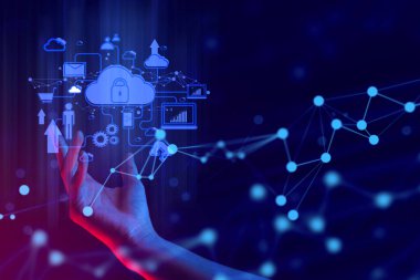 ai veri ile el bulut depolama teknolojisi için sosyal ağa bağlı iş konsepti, sistem güvenliği çevrimiçi sunucusu