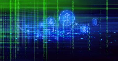 ağ sosyal çevrimiçi, arkaplan 3d resim oluşturma, dijital bankacılık yatırımı finansal ve siyah fon üzerinde ödeme para konsepti