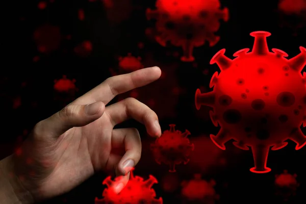 Personas Mano Tocando Sangre Adn Ncov Covid Estructura Coronavirus Crisis — Foto de Stock