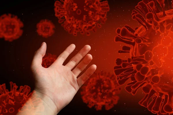 Persone Mano Toccando Sangue Dna Ncov Covid Struttura Coronavirus Crisi — Foto Stock