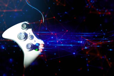 esport turnuva meydan okuma kavramı, cyberpuck tarzı ışık online ağ bağlantısı ile oyun oynamak için joystick denetleyici elektronik