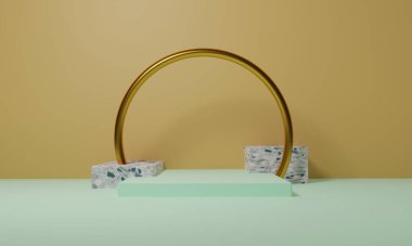 Kozmetik ürün dekorasyonu için 3d mermer altın yüzük, yuvarlak arkaplan soyut kaide tahtası, silindir sanat görüntüleme modeli