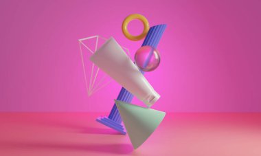 Güzellik medikal cilt losyonu krem taklit şişe ambalajı arka planda şeker renkli pastel podyumu sağlık hizmetleri eczacılık, üç boyutlu resimleme