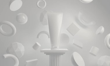 Güzellik medikal cilt losyonu krem taklit şişe ambalaj ürün arka planda geometri podyumu sağlık eczacılık, 3D resimleme