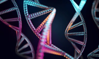 Sağlıklı tıbbi araştırma konsepti, bilim laboratuarı insan genleri DNA 'nın genomu çift sarmal molekül yapısı, deoksiribonükleik asit, 3D resimleme