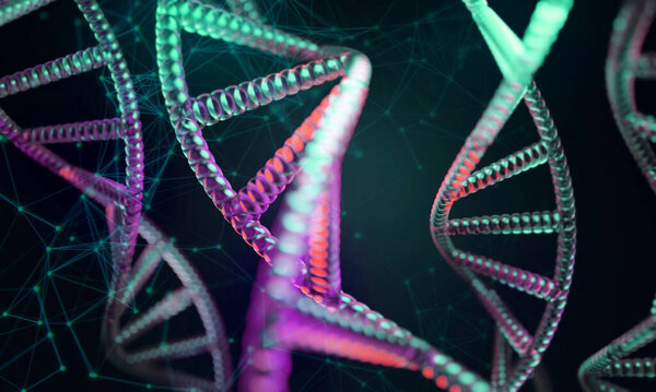 концепция здоровых медицинских исследований, научная лаборатория геном человека ДНК структуры двойной спирали крови, дезоксирибонуклеиновая кислота, 3D рендеринг иллюстрации