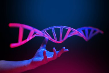 Sağlıklı tıbbi araştırma konseptiyle el, bilim laboratuarı insan genleri DNA genomu çift sarmal molekül yapısı, deoksiribonükleik asit