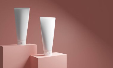 Güzellik medikal cilt losyonu krem taklit şişe ambalaj ürünü sağlık hizmetleri ilaç arka planında bilimin arka planı, üç boyutlu resimleme