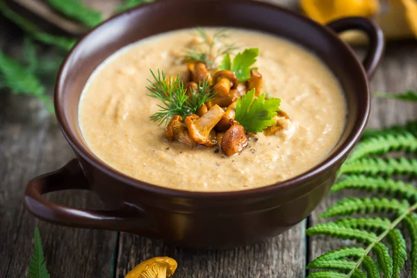 Soupe crème chanterelle sur fond bois — Photo