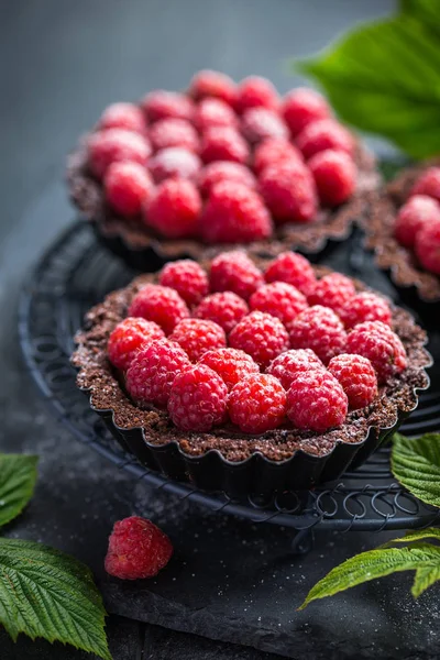 Schokoladentorten mit frischen Himbeeren — Stockfoto