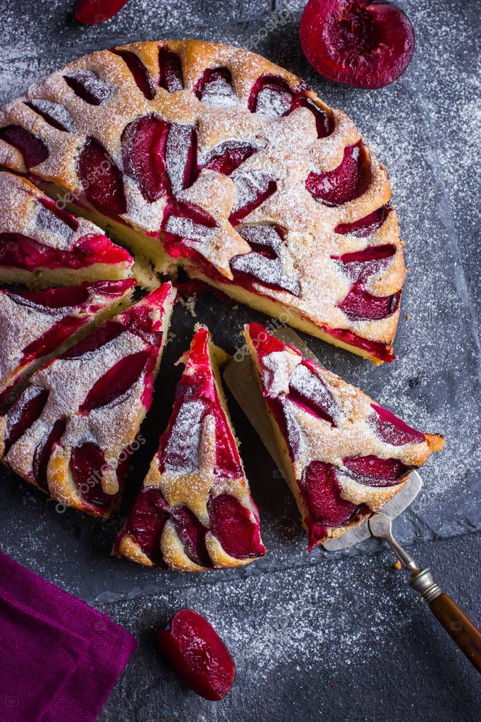 Rustic Plum Cake On Dark Background Stock Photo Rustic Plum Cake On Dark Background Stock Photo