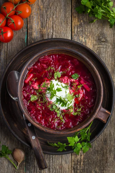 Borsjt, Oekraïense en Russische rode bieten soep — Stockfoto