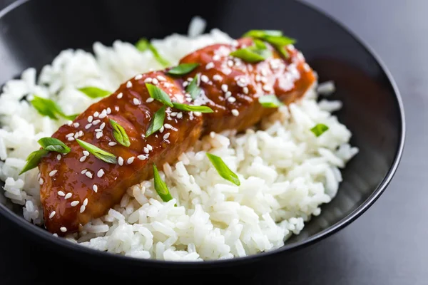 红烧大马哈鱼和米饭 — 图库照片