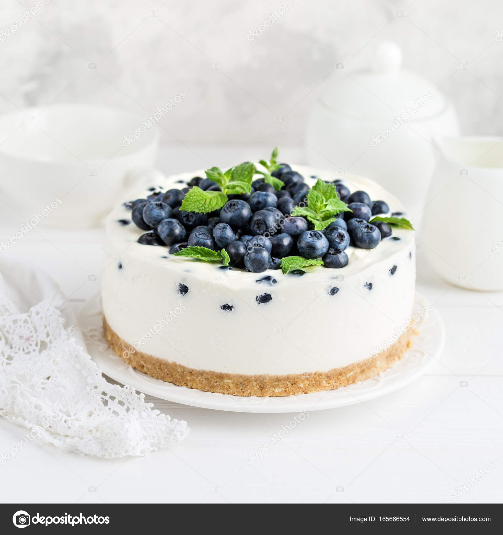 No Baked Cottage Cheese Cheesecake With Fresh Blueberry On White