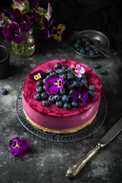 Žádné upečený borůvkový cheesecake na tmavém pozadí — Stock fotografie