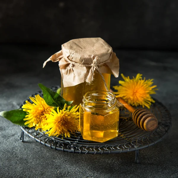 Dandelion jam in glass jar — Stock Photo, Image