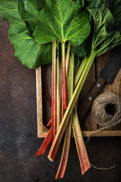 Fresh organic rhubarb on wooden tray — Stock Photo, Image