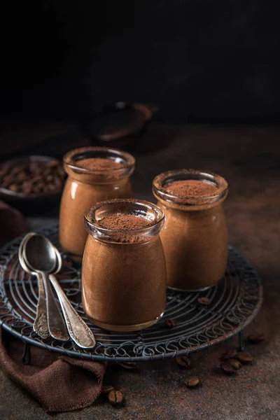 Chocolate coffee mousse in glass jars — Stock Photo, Image