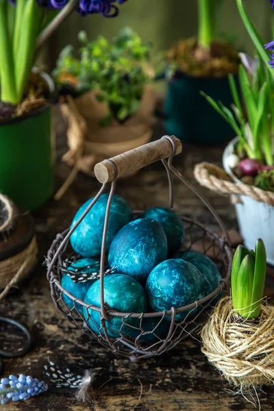Farbige Blaue Ostereier Vintage Korb Mit Frühlingsblumen Dunkel Rustikaler Hintergrund — Stockfoto