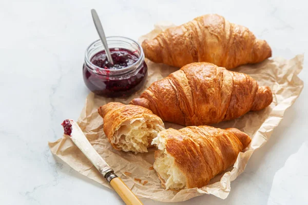 Freshly Baked Croissants Jam Breakfast Selective Focus — Stock Photo, Image