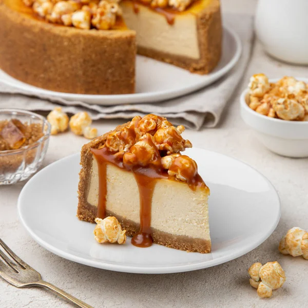 Slice Caramel Cheesecake White Plate Selective Focus Square Image — Stock Photo, Image