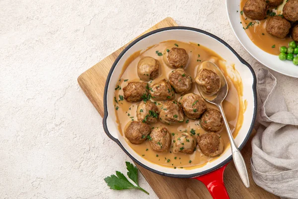 Boulettes Viande Avec Saucisse Crème Dans Casserole Vue Dessus Espace — Photo