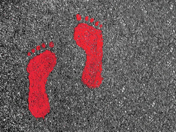 Red Footprint Signs Asphalt Road Pedestrian Symbol Walkway — Stock Photo, Image