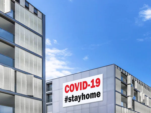 Paysage Urbain Moderne Avec Hashtag Stayhome Covid Sur Une Façade — Photo