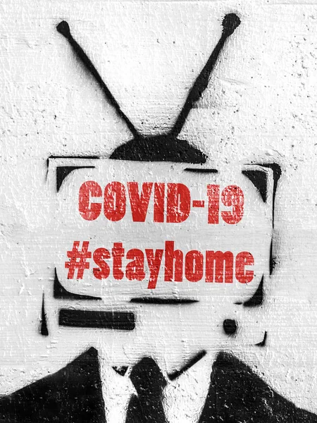 Tête Télévision Avec Hashtag Stayhome Covid Coronavirus Dans Monde Bannière — Photo