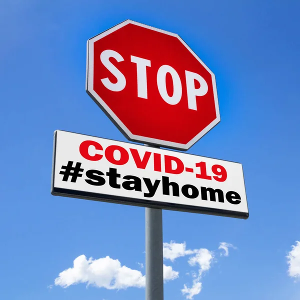 Arrêtez Panneau Avec Hashtag Stayhome Covid Sur Fond Ciel Coronavirus — Photo