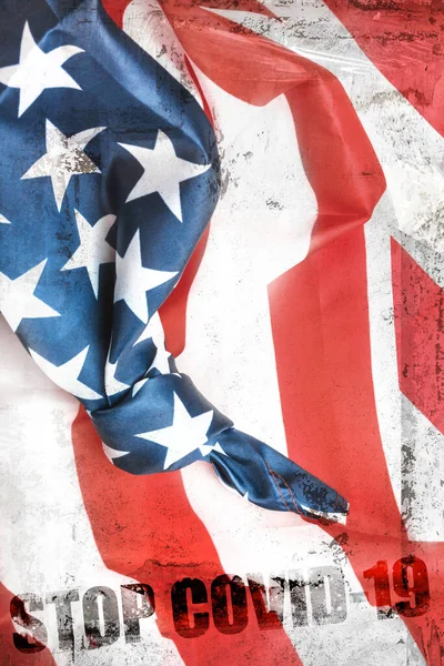 Американский Флаг Узлом Сообщением Stop Covid Вспышка Изоляция Концепция Прекращения — стоковое фото