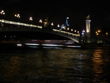 Paris Fransa). Alexander III Köprüsü Seine Nehri üzerinden Paris şehri gece görünümü