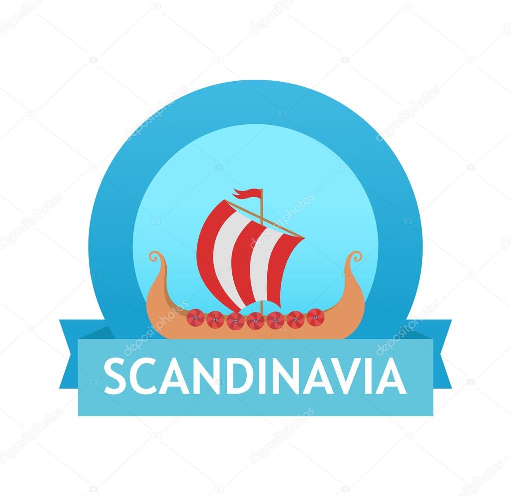 Logo with Scandinavian Ship Drakkar in blue color. Vector Illustration isolated on white.