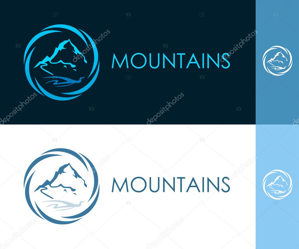 Round Icon with Mountain in Circle with Label. Vector Illustration on Light and Dark backgrounds.