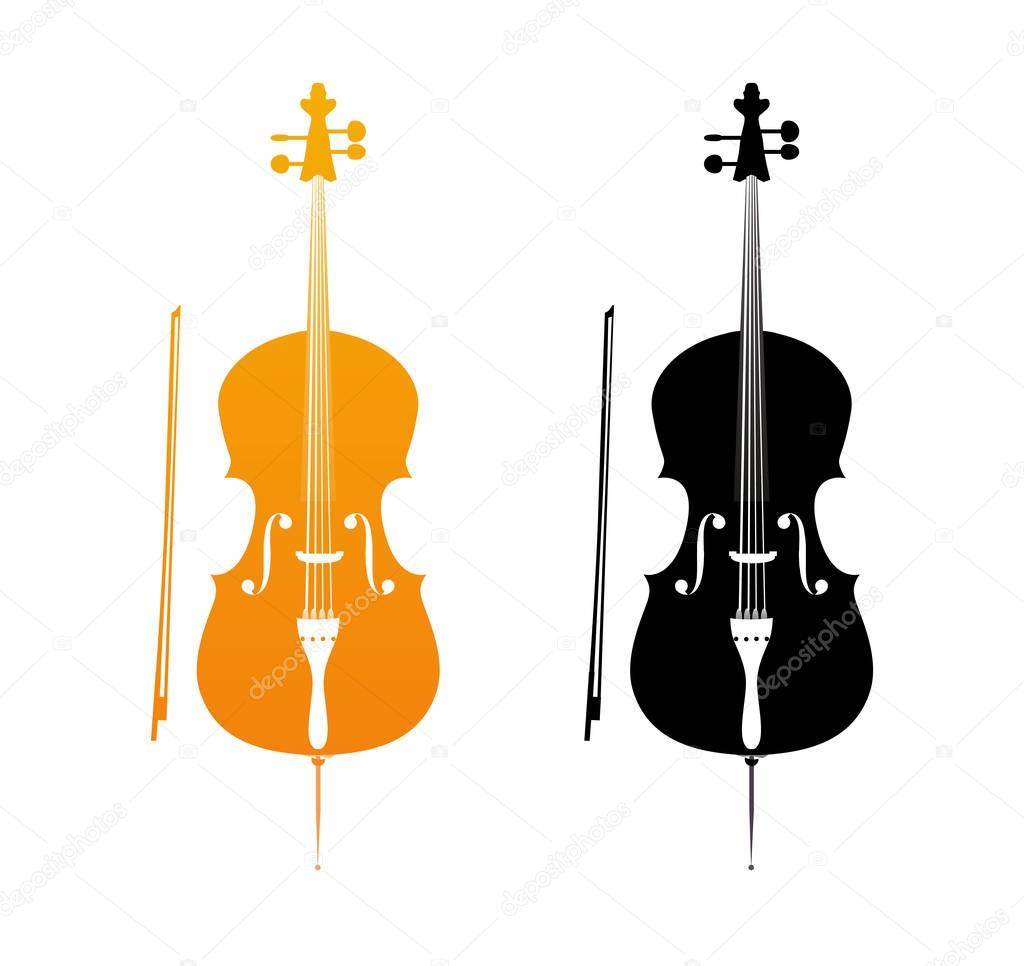 Icons of Cello in golden and black colors - orchestra strings music instrument in vertical pose, Vector Illustration isolated on white background