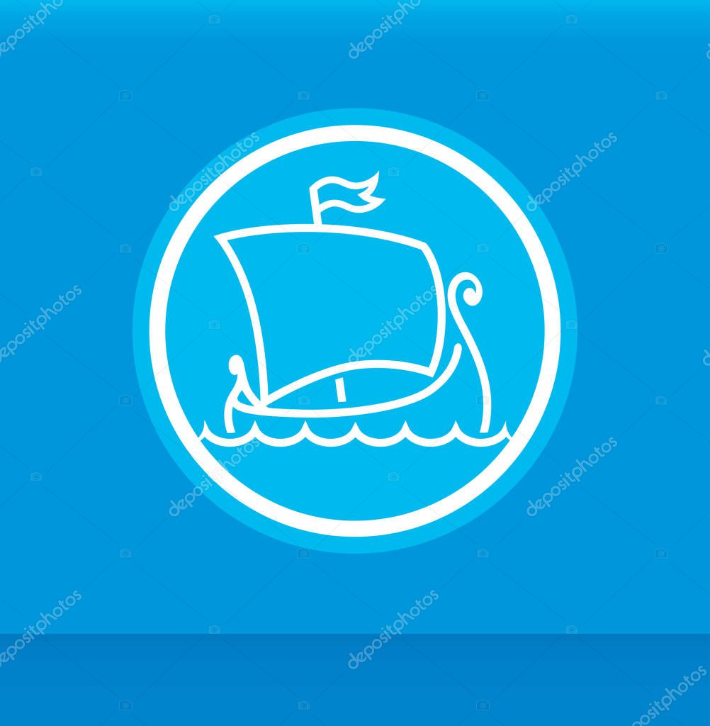 Round Emblem with Scandinavian Drakkar isolated on blue background. Vector Logo for Historical of Travel Company.