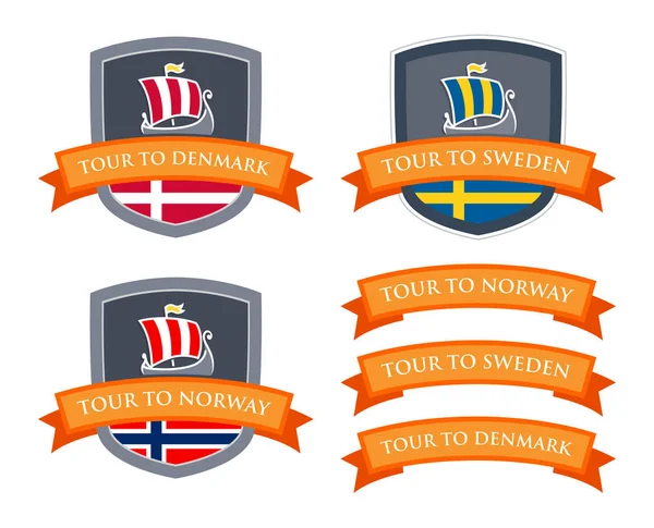 Conjunto de emblema vectorial con escudo de armas de Escandinavia — Vector de stock