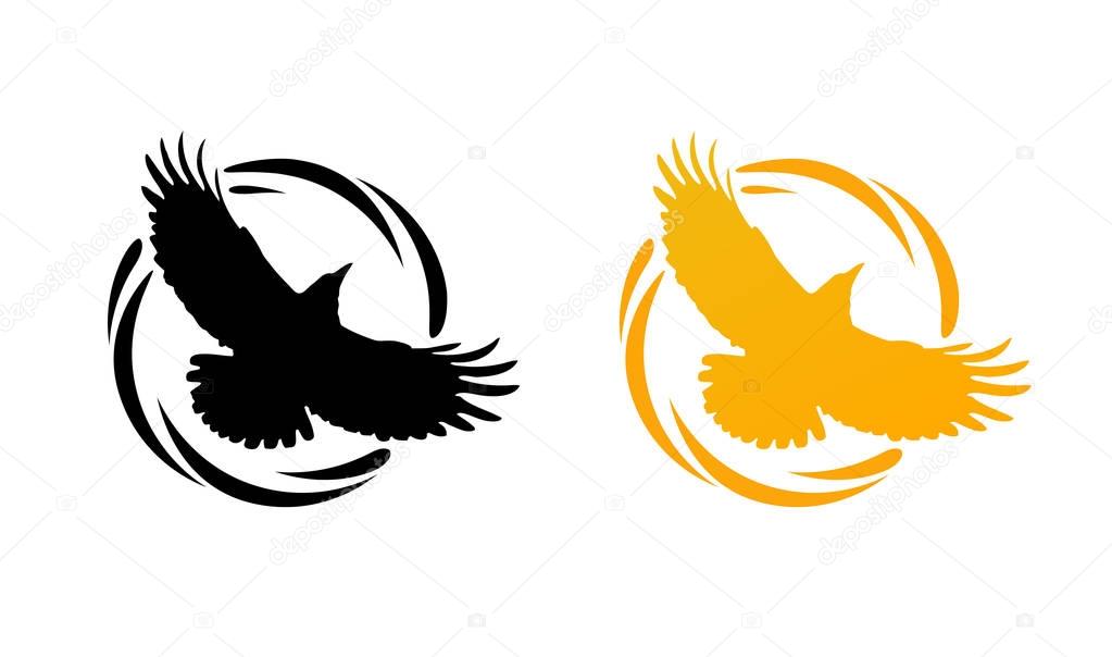 Logos in Orange and Black colors with Silhouette of Crow. Flying of Raven in Round Decorative Ring. Set of Vector Emblems isolated on White background.