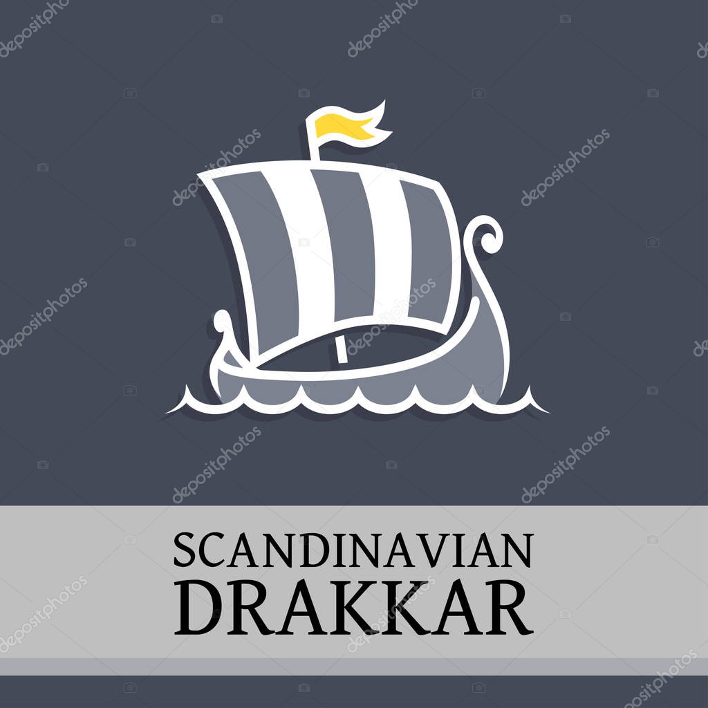 Vector Emblem with Drakkar. Symbol of Scandinavian Warship Isolated on dark background.