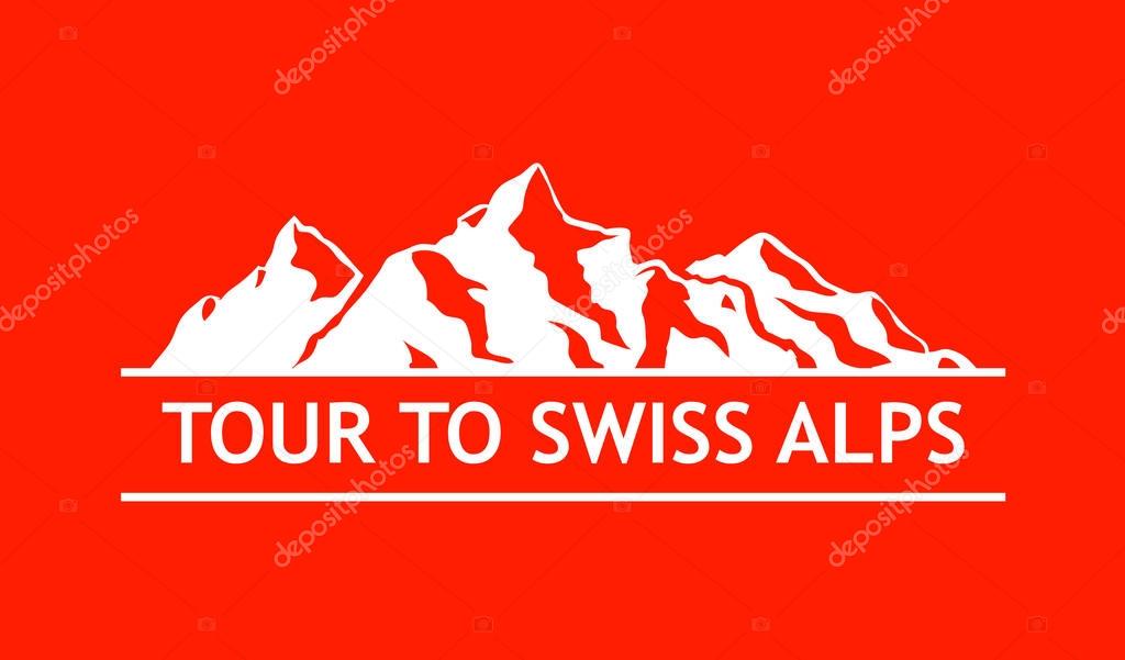 White Logo of Swiss Mountains isolated on White Background. Vector Emblem with Alps of Switzerland.