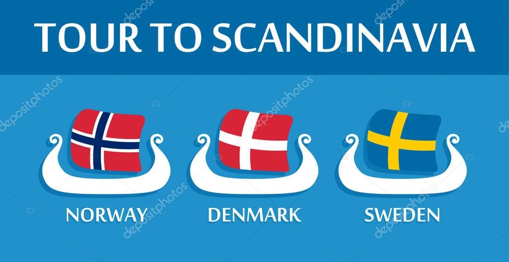 Tour to Scandinavia. Set of Colorful Emblem of Scandinavian Countries with National Flags. Logos in Shape of Medieval Viking's ships - Drakkars.