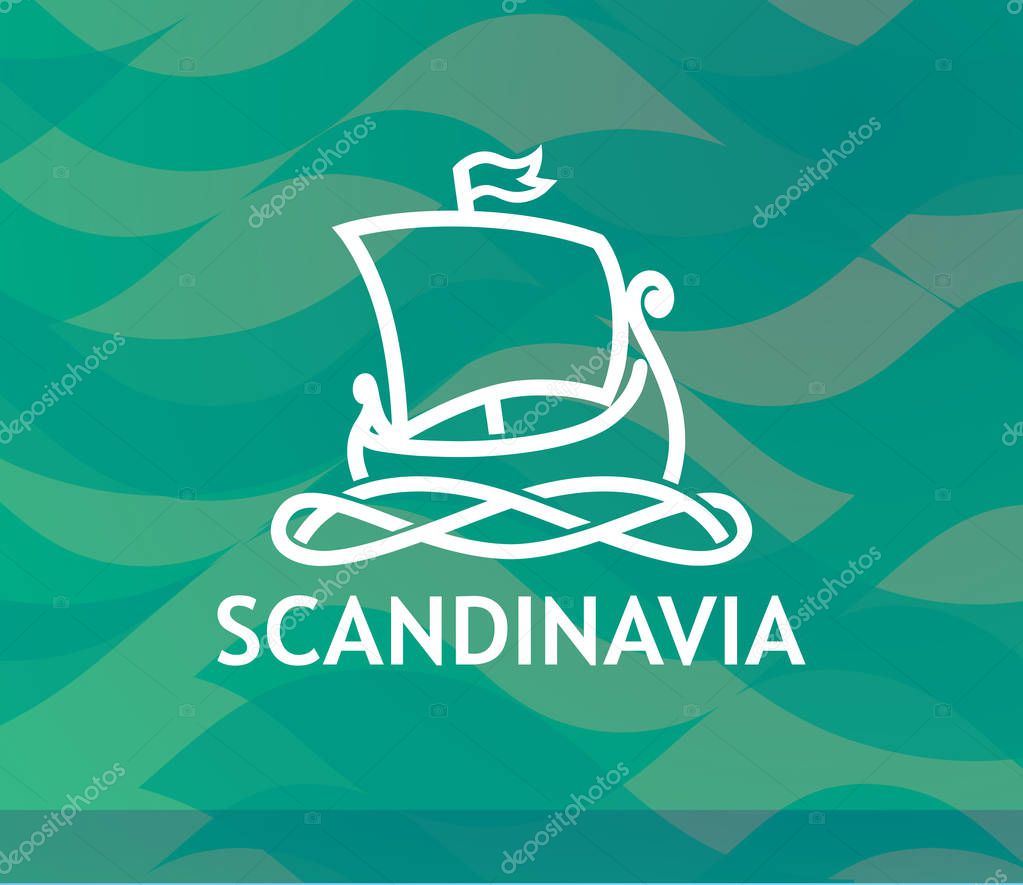 Logo of Scandinavian Drakkar in white Lineart Style on dark turquoise textured background. Modern Decor of Tour to Scandinavia.