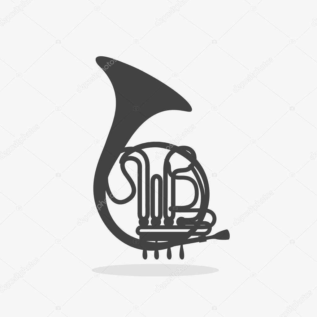 Logo with French Horn, Silhouette of Brass Orchestra Woodwind Instrument on white background Isolated.